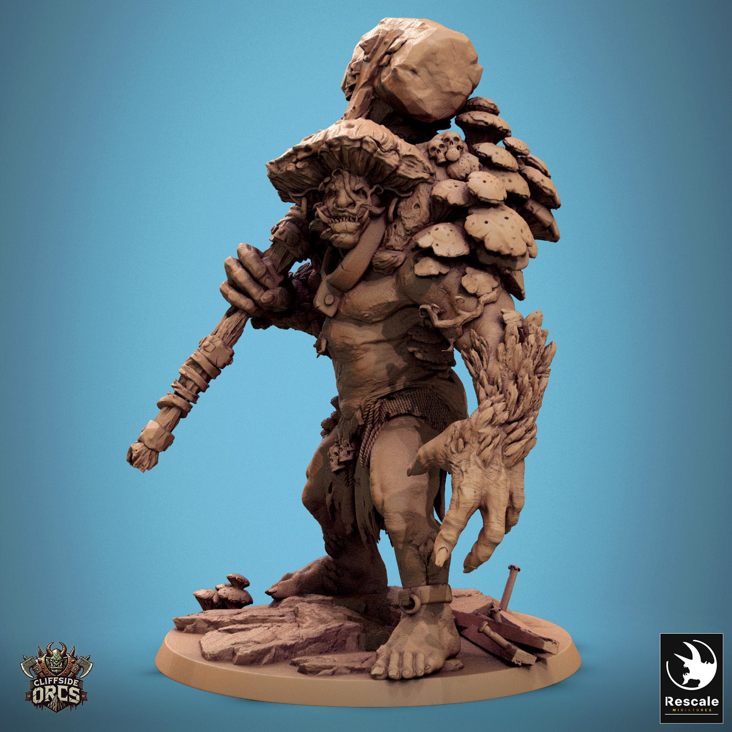 A frontal view of Mycogar, the Fungal Ogre, with fungal growths covering his back and shoulders, wielding a massive stone hammer in his right hand.