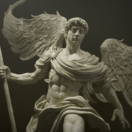 Close-up view of Archangel Michael statue, showing detailed wings, facial features, and flowing robes.