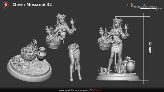 Clover Mossroot gnome herbalist bust with floral crown and smiling expression