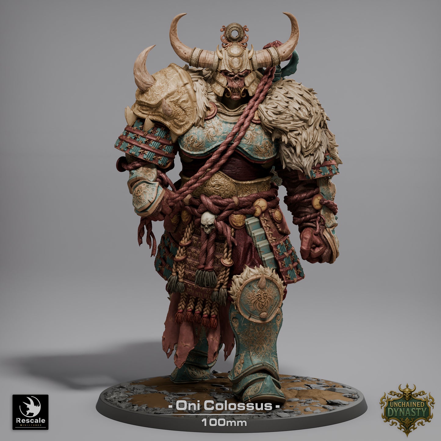 Oni Colossus miniature front view on 100mm base wearing heavy oni samurai armor horned helmet and skull-decorated belt