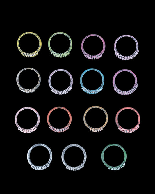 Full set of 15 TTRPG condition rings including stunned, poisoned, grappled, unconscious, blinded, exhausted, frightened, incapacitated, deafened, paralyzed, prone, restrained, charmed, invisible, and petrified, colored and labeled for easy table use.