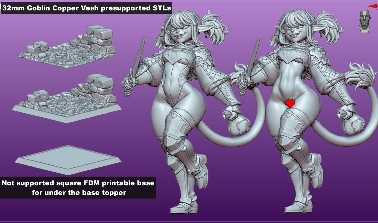 Goblin bandit miniature NSFW variant with exposed bodysuit details, same running rogue pose and dagger weapon