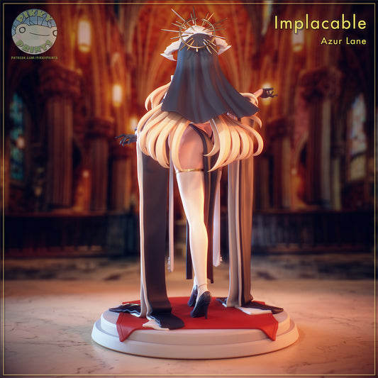 Implacable Azur Lane figure rear view with long hair, draped robes, halo detail, standing on base