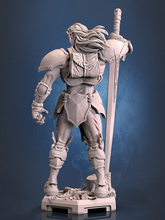Rear view of an armored swordsman miniature standing tall, gripping a massive greatsword, with flowing hair and intricate armor details.