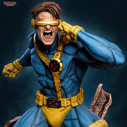Close-up of Cyclops Marvel figure face with screaming expression and red visor