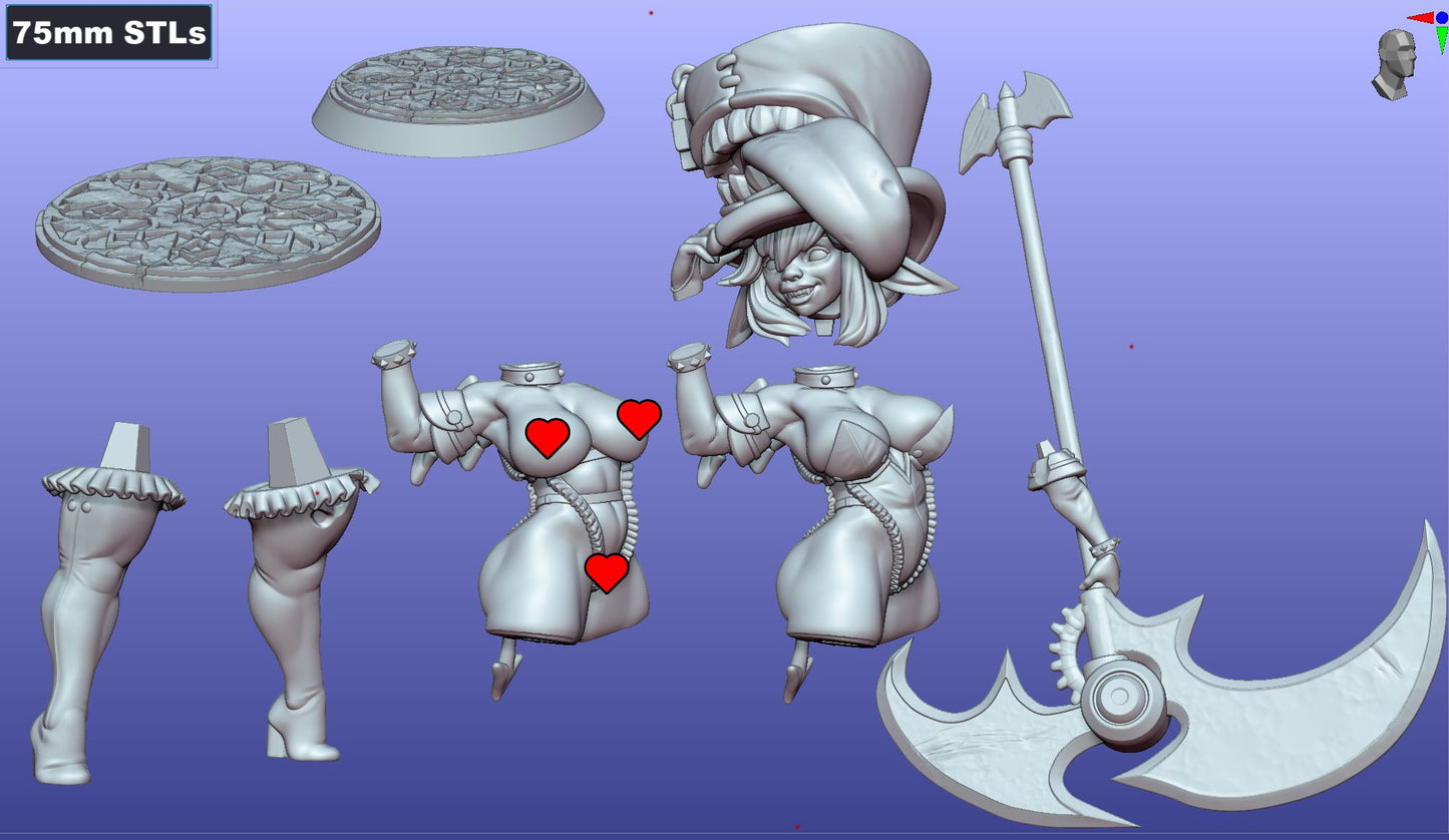 Modular components of Kimzee and Trench, including the mimic tophat, scythe, and detailed base for customizable assembly.