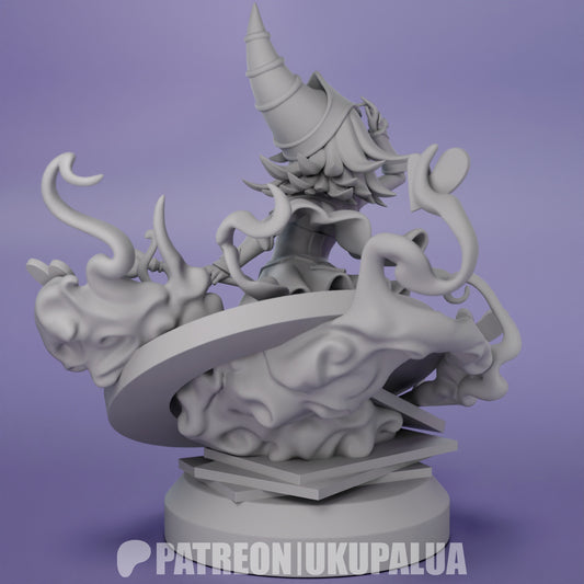 dark magician girl yu gi oh figure gray render back angle showing spell energy effects swirling base hat and cape sculpt details 1-7 scale statue
