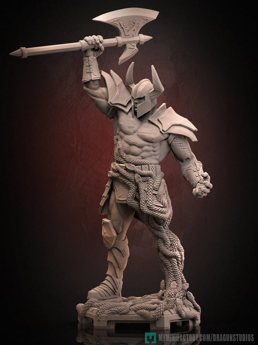 Front render of Death Adder in full plate armor, axe overhead, standing on a coiling serpent base, styled as a Golden Axe homage.