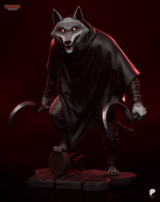 Death Puss in Boots wolf figure front view with hooded cloak, glowing eyes, and twin sickles in combat stance