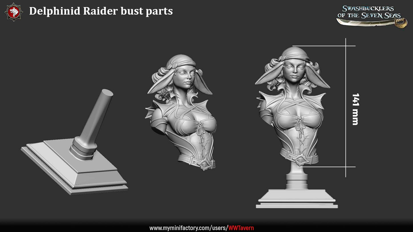 Delphinid raider bust parts featuring aquatic humanoid pirate torso, finned ears, layered armor, display plinth components, fantasy sea-folk bust