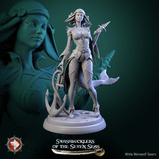 Delphinid raider miniature featuring female dolphin-folk pirate holding anchor weapon and shell blade, finned legs, light armor, dynamic stance, fantasy sea pirate character