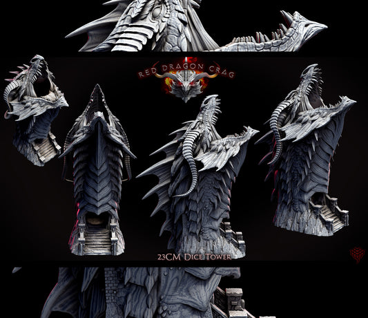 Painted Red Dragon Dice Tower miniature for Dungeons & Dragons and fantasy TTRPGs, displaying detailed scales, horned head, and stairs leading into the dragon’s mouth where dice emerge triumphantly.