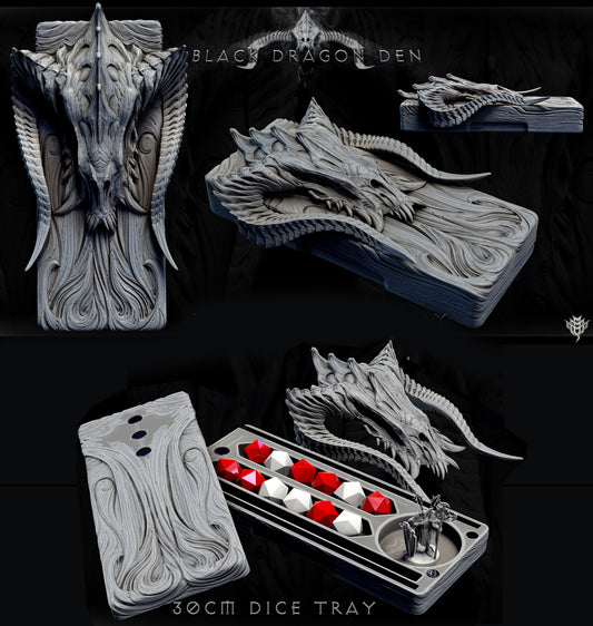 Black Dragon Dice Tray open to reveal compartments for dice, miniatures, and accessories, with magnetized lid.