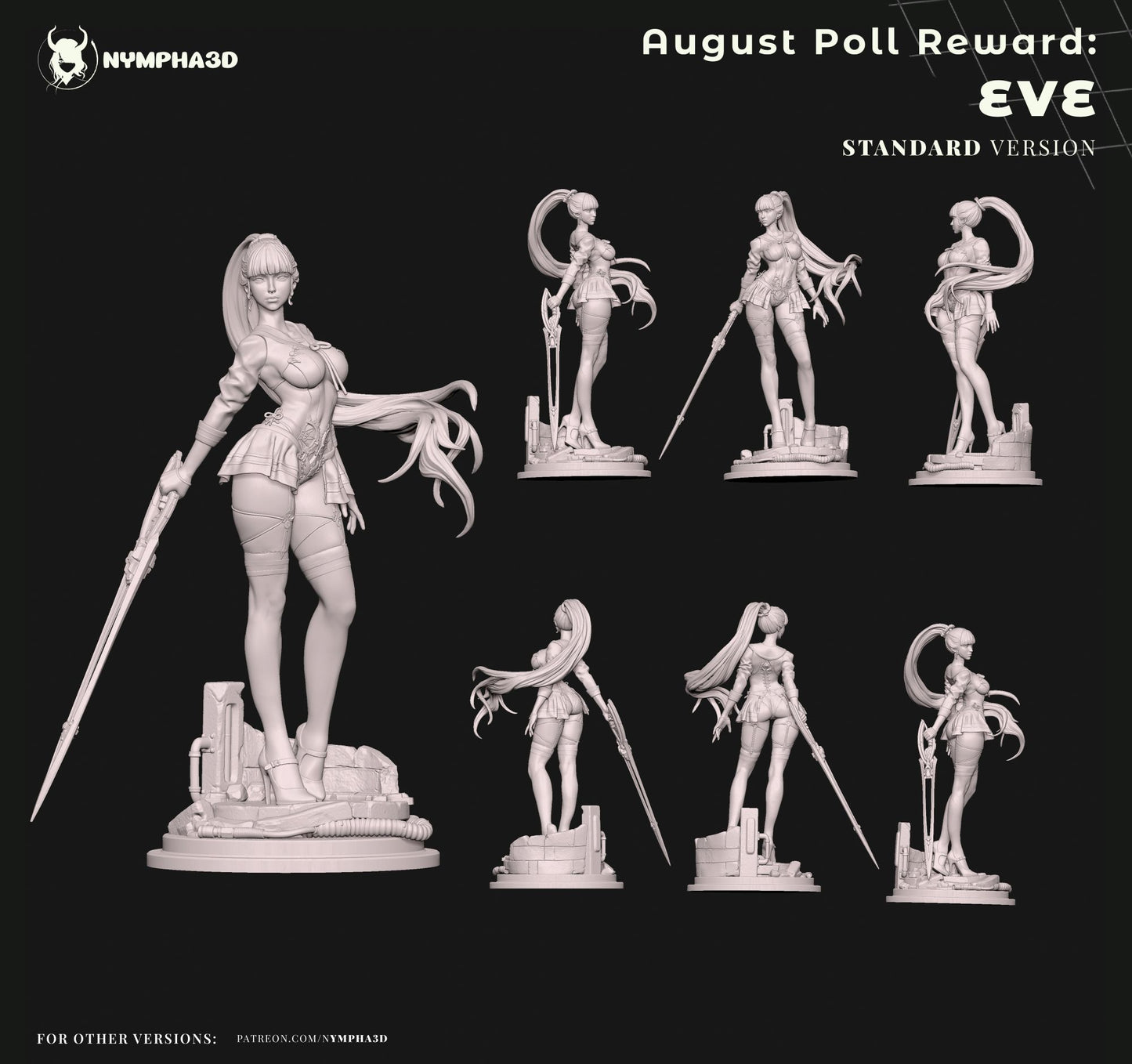 Eve Figure – Sculpt Views: Multiple angles of Eve 1:6 scale statue showcasing her confident pose, high heels, and sword resting by her side on a sci-fi base.