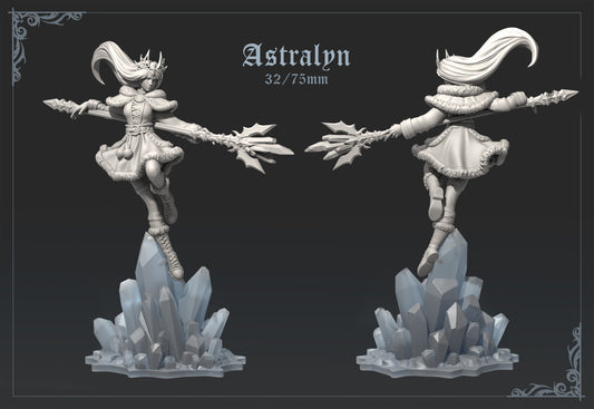 Front and rear view of Astralyn miniature posed mid-leap above crystal terrain, wearing a fur-lined outfit and crown while wielding two frost-tipped staves.