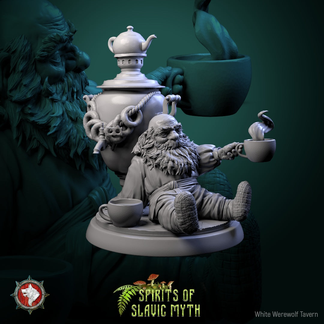 Domovoi relaxing beside a samovar with a cup, representing the Slavic household guardian spirit – tabletop RPG figure.