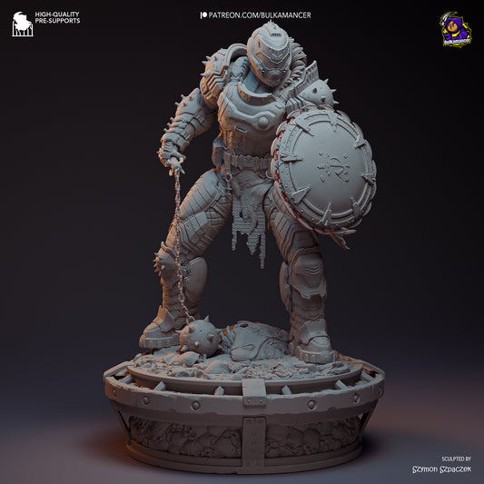 Front view of Doom Slayer collectible statue from Doom: The Dark Ages, wearing spiked green armor and holding a shield with a rune symbol, standing over a slain demon.