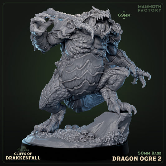 Dragon Ogre miniature for DnD and Pathfinder, 69mm tall on 50mm base, reptilian beast crouched with massive claws, armored scales, snarling head, standing over skulls, fantasy TTRPG dragon monster