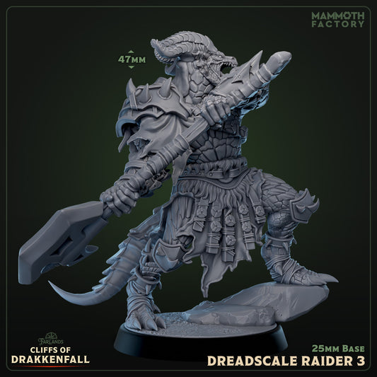 Dreadscale Raider 3 dragonkin miniature for Dungeons & Dragons and Pathfinder, 47mm tall on 25mm base, reptilian soldier wielding polearm, spiked armor, horned head, fantasy TTRPG monster figure