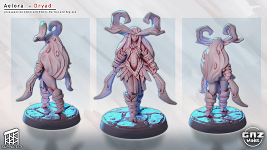 Collage of Aelora Dryad miniature showing front and back angles, featuring antlered helm, dual curved blades, and layered leaf armor for fantasy tabletop games.