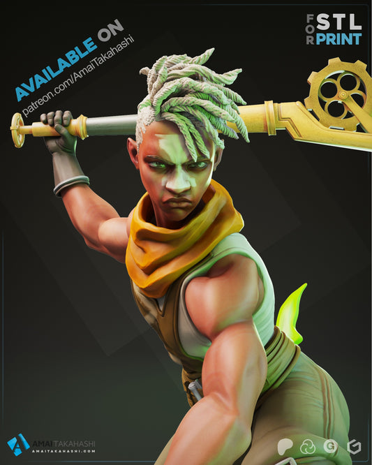 Close-up of Ekko unmasked head, showing detailed facial expression with determined gaze, dreadlock hairstyle, and muscular arms gripping the bat.