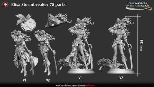 75mm pirate duelist miniature parts featuring female swashbuckler with saber weapon, feathered tricorn hat, dramatic pose, detailed base, display-scale fantasy pirate miniature