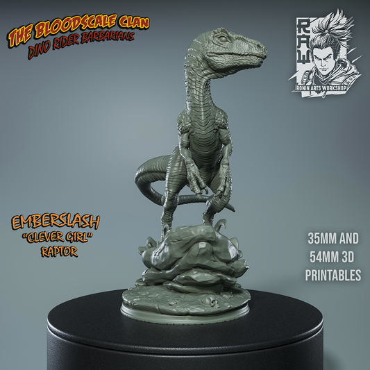 Unpainted render of Emberslash, the raptor, perched alert on a rocky base with a coiled tail and claws ready to strike.