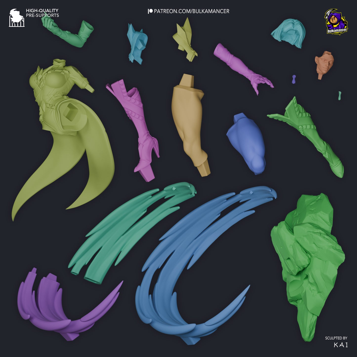 Exploded view of the Emma Frost figure from Marvel Rivals showing all modular parts, including limbs, base, and energy effects for easier painting and assembly.