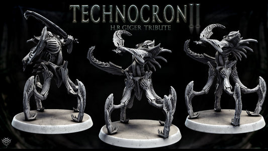 A biomechanical figure in mid-motion, standing on a 50mm base, with intricate details perfect for sci-fi TTRPGs.