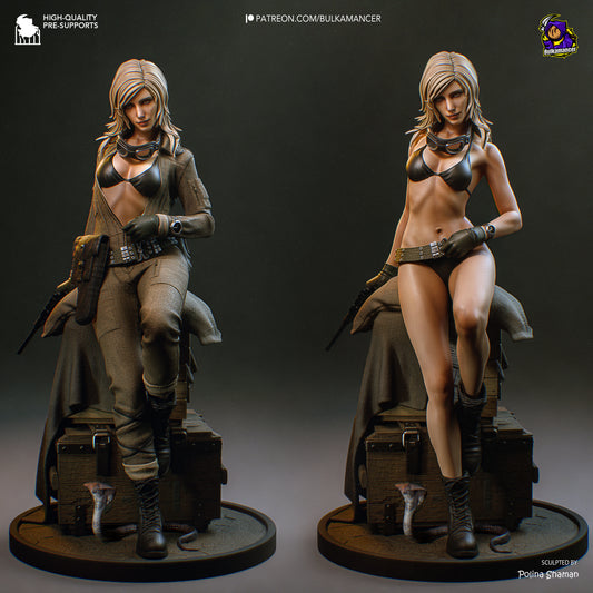 Eva Metal Gear Solid 1:8 scale figure side-by-side versions showing clothed and bikini outfit options, seated on supply crates with pistol.
