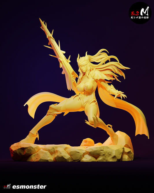 Unpainted 1:6 scale Saber collectible from Fate/Grand Order, featuring battle armor, weapon, and dynamic cape movement.