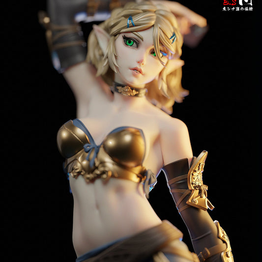 zelda figure close up portrait tears of the kingdom version anime style face elf ears ornate bracers chest armor and detailed hairstyle