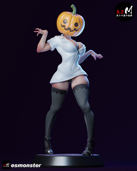 Lady Pumpkin in nurse outfit with jack-o’-lantern head, posed on circular base.