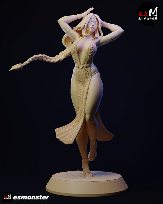 Unpainted Marika statue on circular base showing detailed hair braid and flowing dress, Elden Ring collectible.