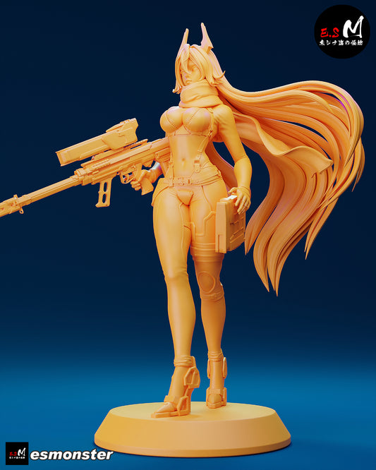 Unpainted Red Hood statue with flowing hair, futuristic rifle, and high-heeled boots on display base, 1:6 scale collectible.