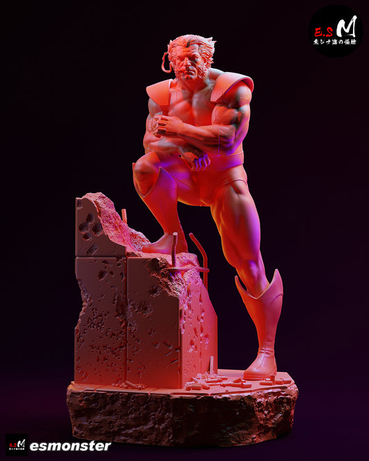 Wolverine 1:6 scale figure crouched on damaged concrete base with claws extended, muscular pose, classic boots, and textured suit details.