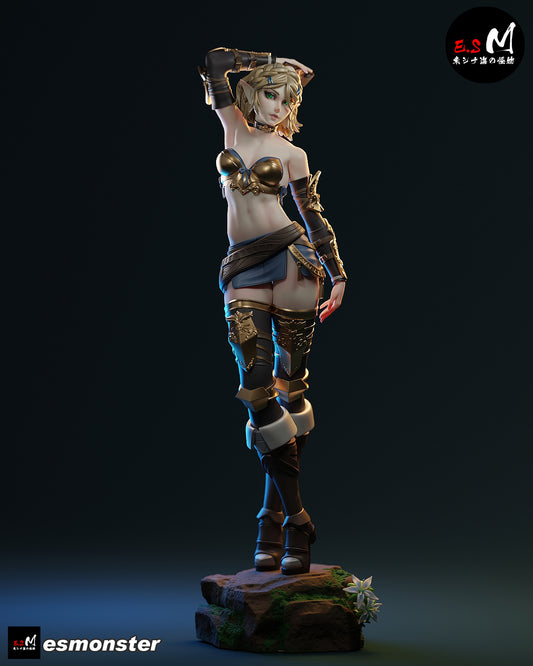 zelda tears of the kingdom full figure painted version standing on mossy rock base with armor bracers detailed skirt and dynamic pose