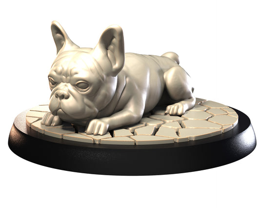 French Bulldog miniature laying flat on cracked tile base.