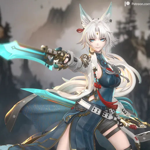 Feixiao figurine in full color, mid-air leap with sword drawn, dressed in ornate outfit with flowing ribbons and high ponytail.