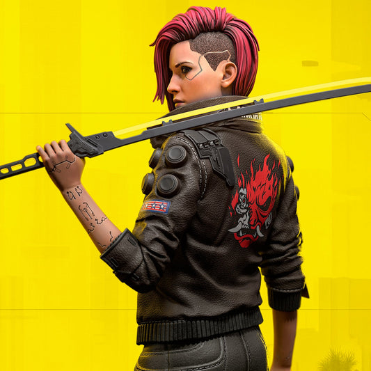 Painted Cyberpunk 2077 Female V figurine back view with jacket emblem and katana