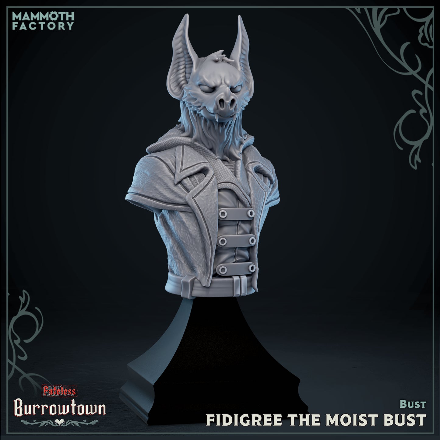 Batkin rogue bust miniature with tall bat ears, fanged expression and layered coat straps, gothic humanoid bat character display for Dungeons and Dragons Pathfinder.