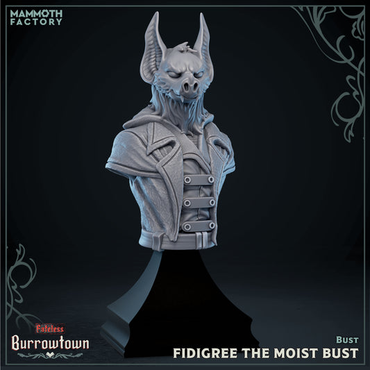 Batkin rogue bust miniature with tall bat ears, fanged expression and layered coat straps, gothic humanoid bat character display for Dungeons and Dragons Pathfinder.