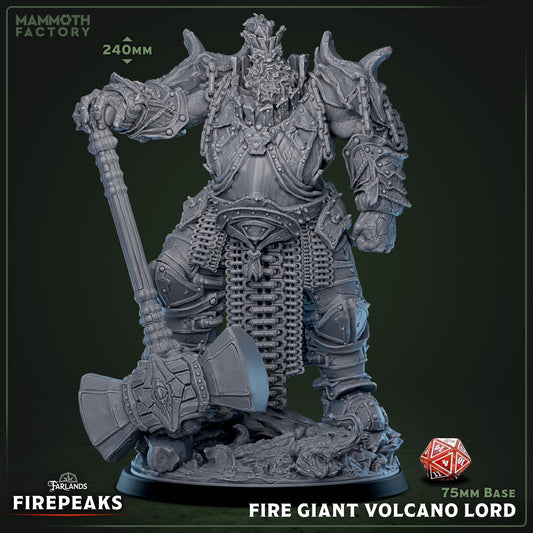 Fire Giant Volcano Lord miniature wielding a massive hammer, wearing heavy plate armor with chains and molten details, standing on a rocky base – fire giant miniature for Dungeons & Dragons, Pathfinder, or Warhammer.