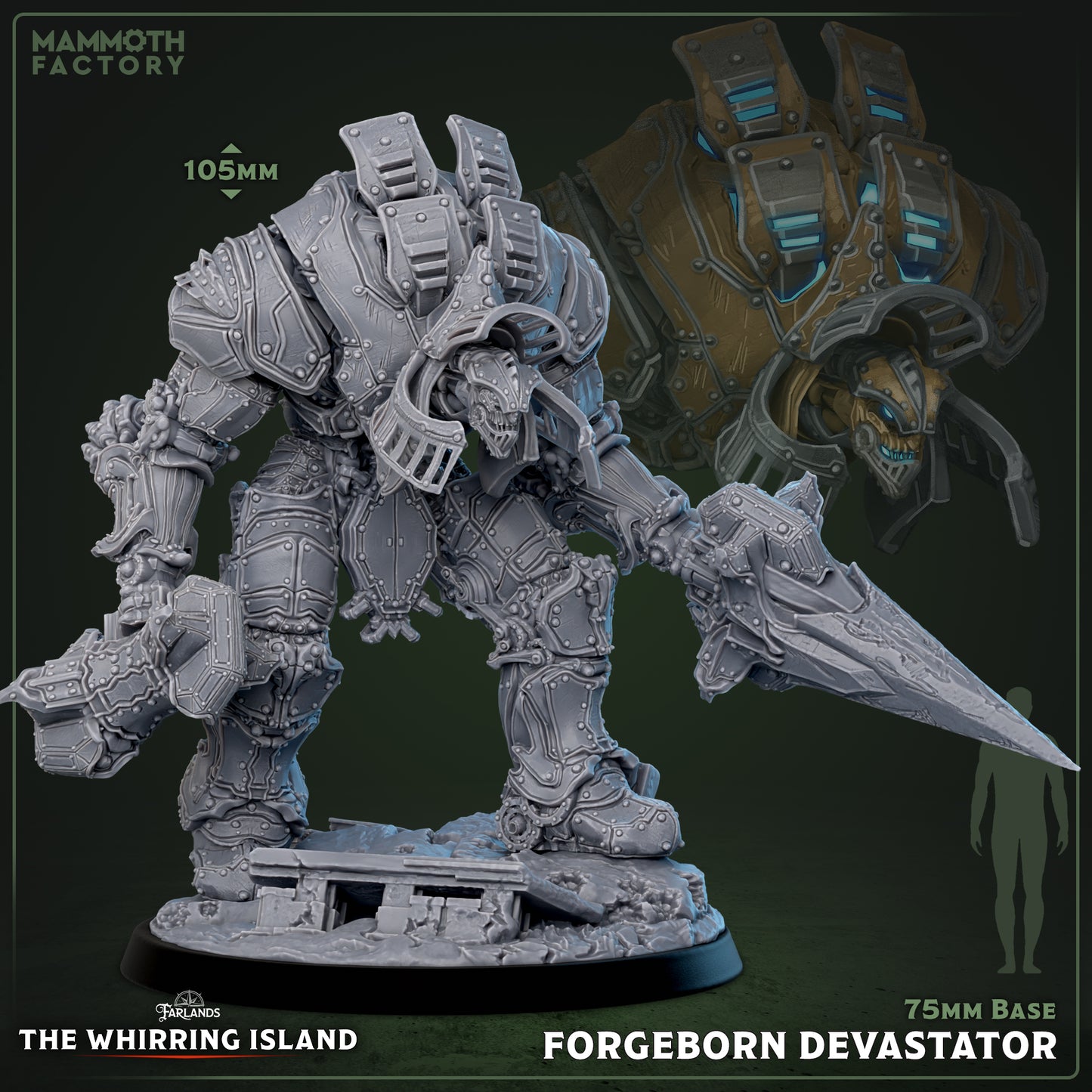 Forgeborn Devastator construct siege engine miniature with massive armored frame, oversized crushing weapons, reinforced plating, and unstoppable advance stance for fantasy tabletop RPGs