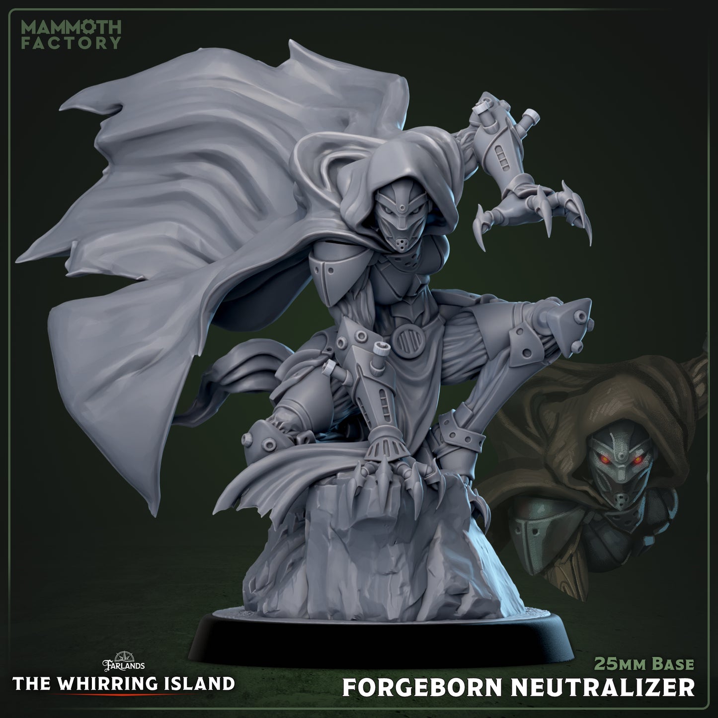 Forgeborn Neutralizer construct assassin miniature leaping from elevated terrain with clawed weapons, hooded helm, flowing cloak, and agile attack pose for fantasy tabletop RPGs
