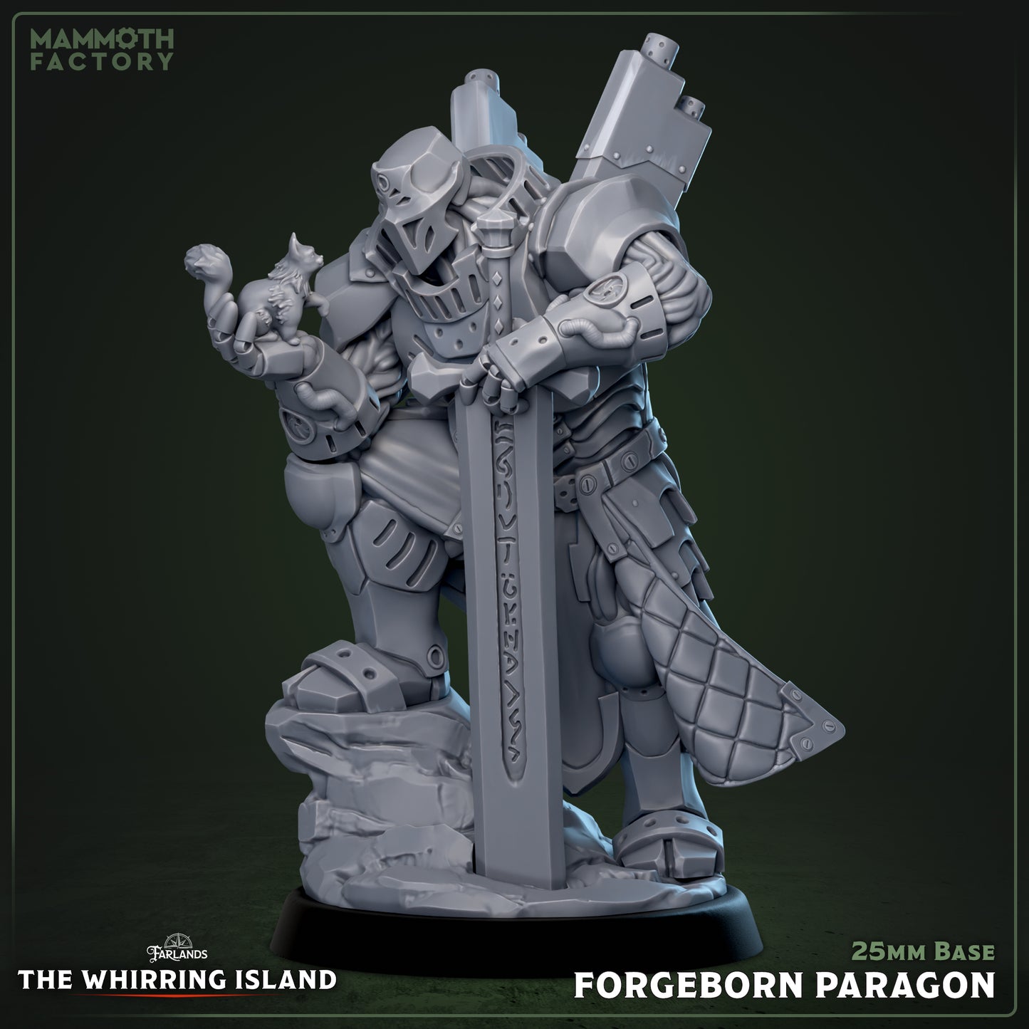 Forgeborn Paragon construct juggernaut miniature bracing massive greatsword, heavy armored frame, reinforced limbs, and dominant defensive stance for fantasy tabletop RPGs