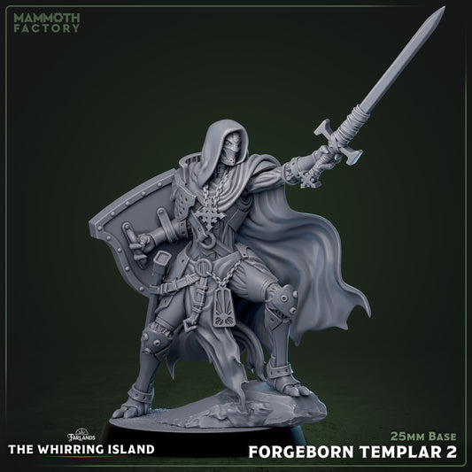 Forgeborn Templar warforged knight raising sword overhead with shield braced, aggressive forward stance, hooded helm, and heavy armor