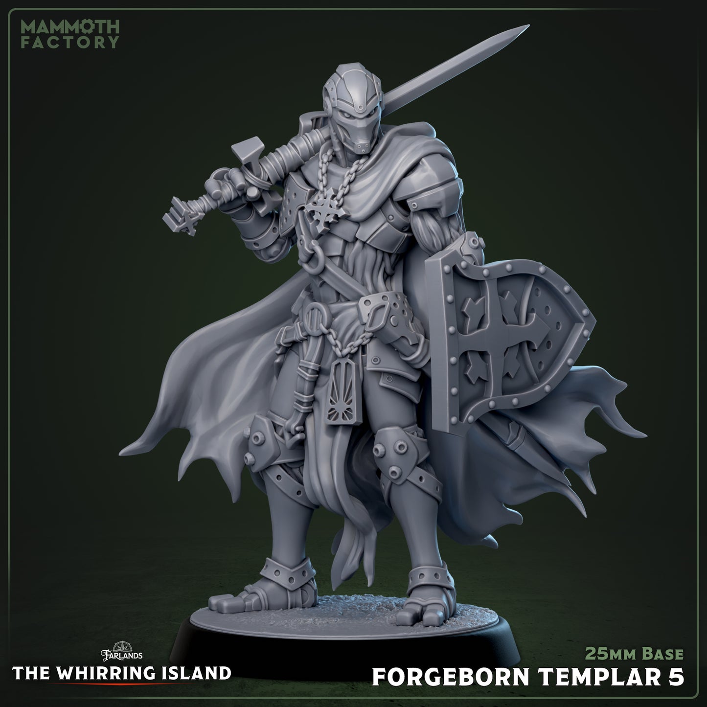 Forgeborn Templar warforged knight resting sword on shoulder with shield ready, dominant stance, hooded armor, and mechanical anatomy