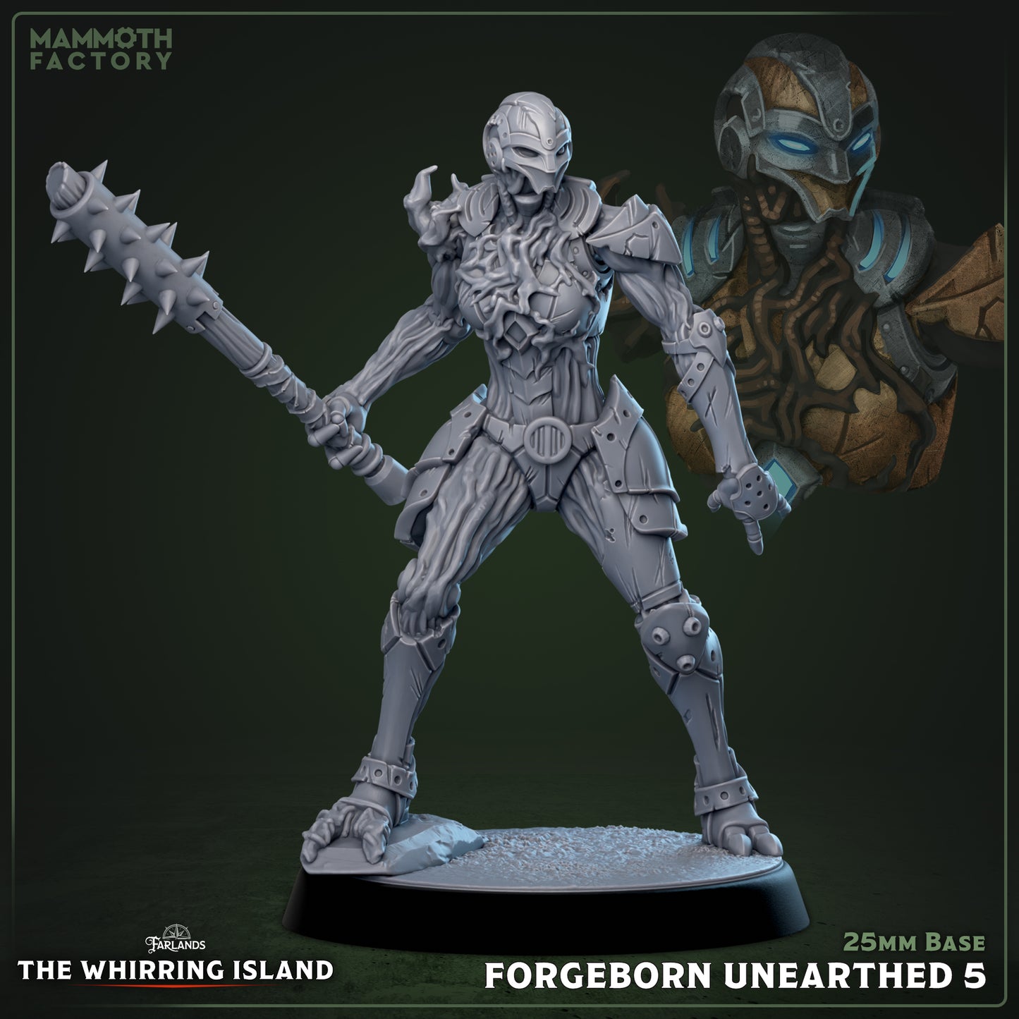 Forgeborn Unearthed warforged construct standing ready with spiked mace, balanced battle stance, armored plates, and exposed synthetic anatomy