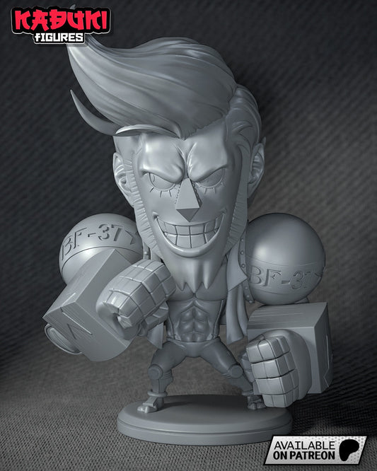 Primed Franky figurine in gray, viewed from front angle showing muscular body, square fists, and stylized pose with arms raised.